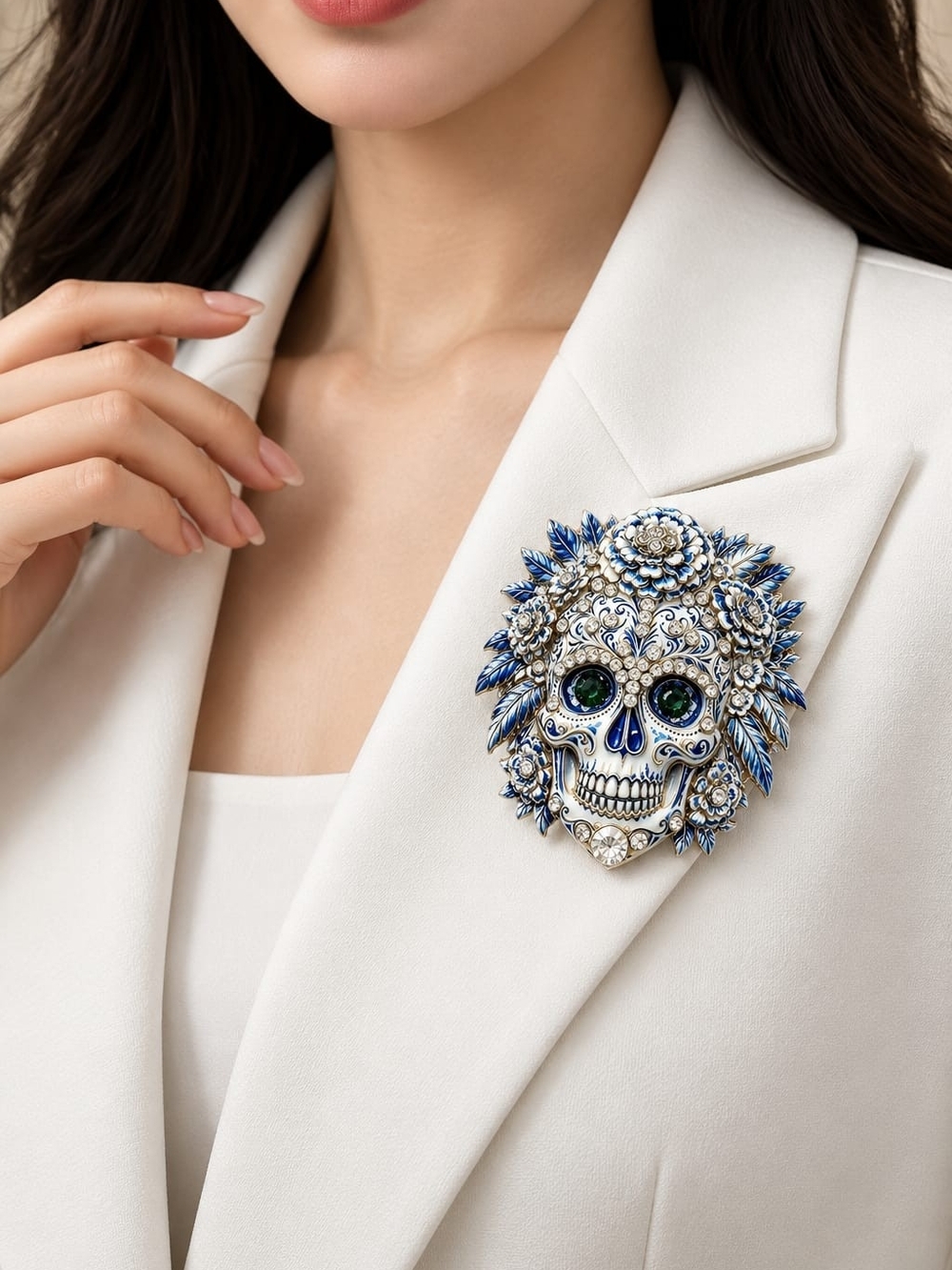 Ornate Blue & Silver Sugar Skull Brooch - Statement Women’s Jewelry